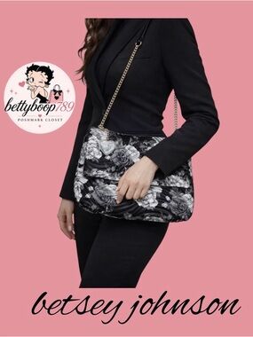 Betsey Johnson Black &‎ White Floral Quilted shoulder bag with Heart Charms